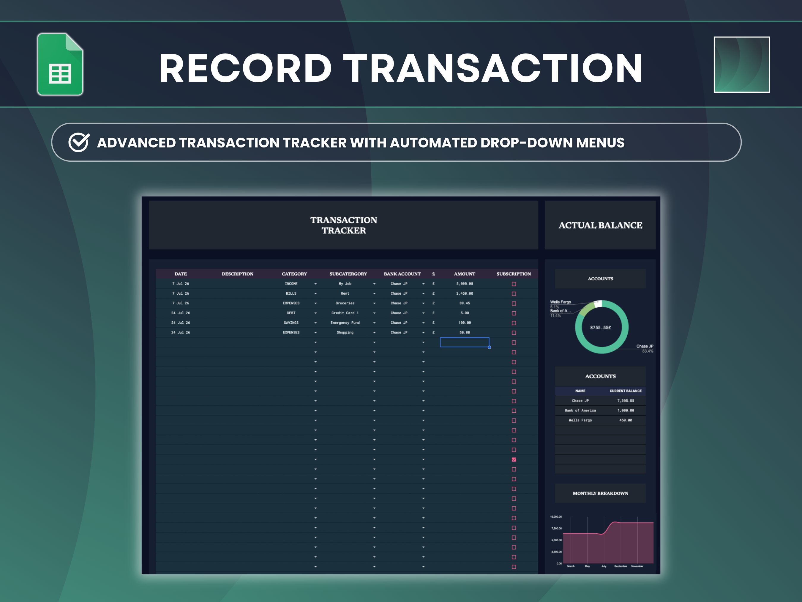 Transaction tracker with drop-down menus for category, subcategory and bank account, and a subscription tick box